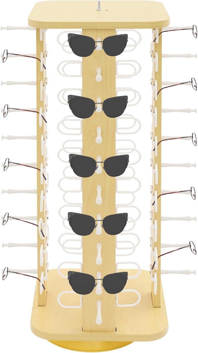 40 Pairs Glasses Rack, 360° Rotating Sunglasses Display Rack, 4-Sided Eyeglasses Storage Organizer, Eyewear Holder, Commercial Sunglasses Display Stand, Log Color