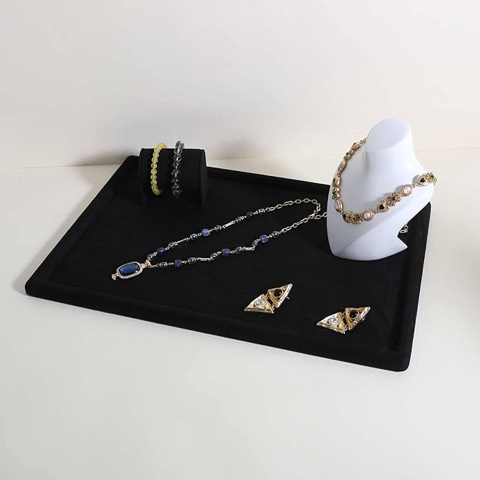 Rectangle Jewelry storage organizer plate, Velvet Jewerly display tray, Empty showcase tray for Necklace Bracelet Ring Earring【Black-Large, 17.7 x 11.8 in 】