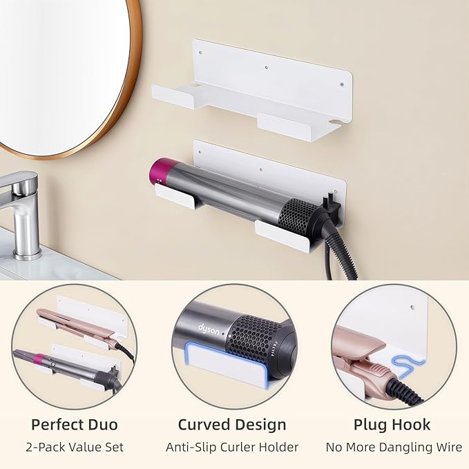 Curling Iron Holder Wall Mount, 2 Pack Aluminum Alloy Flat Iron Holder Wall Mount, Hair Straightener Holder 3M Adhesive & Screw for Bathroom White PTALSEAW