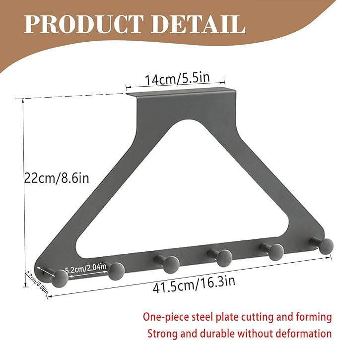 Grey Door Hook Metal Material Integrated Triangle 6 Hooks for Hanging Clothes, Hats, Hangers, Wallets, Towels, Keys on The Door