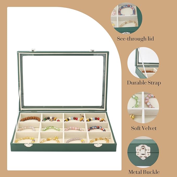 KOOAAICCHI Jewelry Tray Organizer with Clear Lid - 12 Grid Storage Display Case with Lock Earring Ring Organizer Showcase Gifts for Women-Green