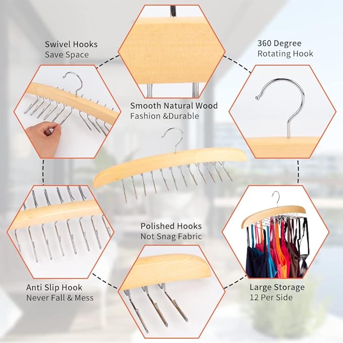 3 Pack Tank Top & Bra Hanger, Tie & Belt Hanger with Natural Wood, 24 Space Saving, 360 Rotating, Foldable Metal Hooks, Closet Organizer and Storage Rack for Tank Tops/Bras/Ties/Belts