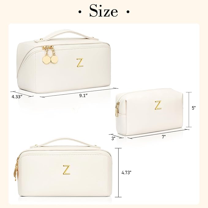 Valentine's Day Gifts for Women Teen Girl, Personalized Initial Makeup Organizer Bag Set, Open Flat Travel Cosmetic Bag With Clear Divider and Handle(Beige,Z)