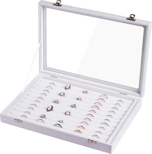 Frebeauty Rings/Earrings Organizer Tray with Clear Lid 10 Slots Velvet Drawer Insert Jewelry Storage box Transparent Glass lid Jewelry Display Case Showcase Gift for Girls Women (White, 10 Slots)