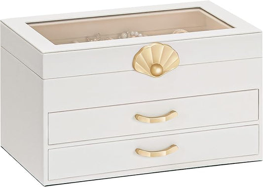 Jewelry Box with 2 Drawers: Display Organizer for Earrings Necklaces - Gift for Girls Women (White)