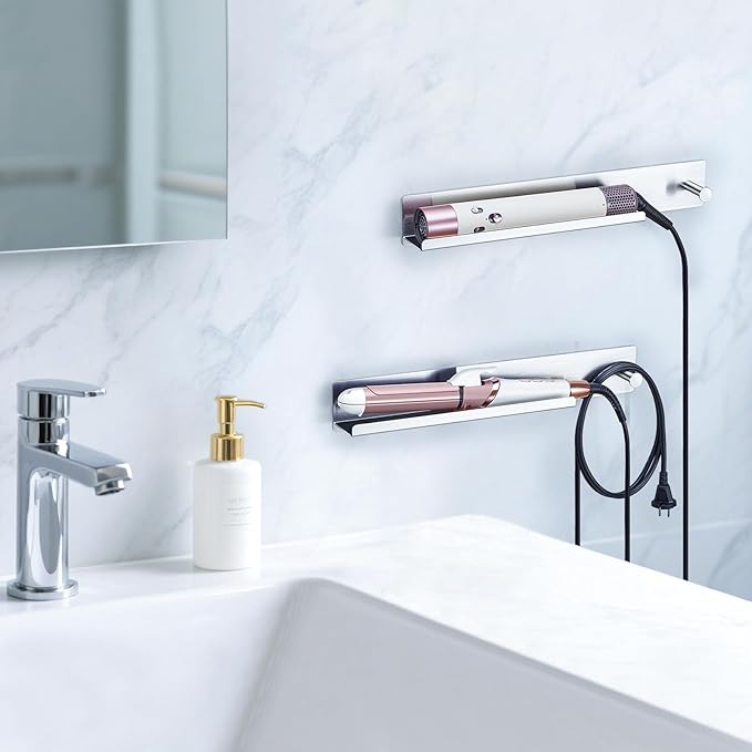 Curling Iron Holder Wall Mount, Flat Iron and Hair Straightener Holder, Stainless Steel Hair Tool Organizer for Hair Dryer Brush and Hots Tool Accessories, Hair Tool Holder for Bathroom, Silver
