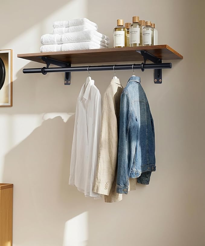 FIRJOY Closet Shelf with Hanging Rod, Heavy Duty (Black, 1 PACK 11.8" x 31.4")