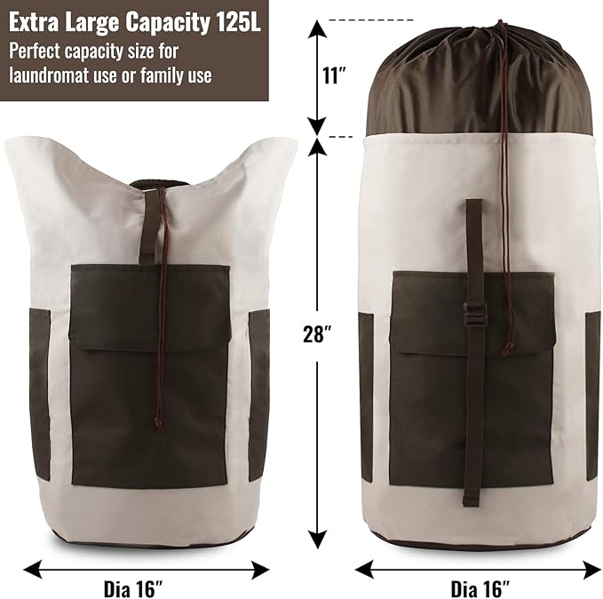Laundry Bag Backpack, 125L Extra Large Laundry Backpack with Shoulder Straps, Adjustable Extendable Laundry Hamper Bag with 3 Pockets for College, Travel, Camping (Khaki)