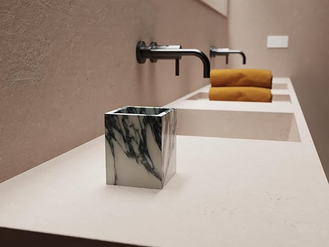 Marble Toothbrush Holder – 4.1" Genuine Stone Bathroom Cup for Makeup Brushes, Pens & Utensils | Natural Marble Organizer for Vanity, Countertop & Home Décor (Arabescato White & Grey)