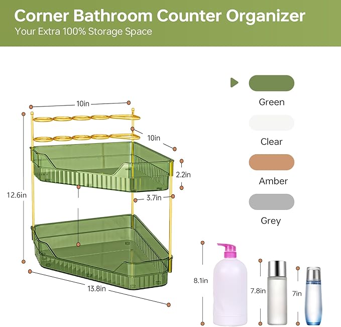 Corner Bathroom Counter Organizer with Makeup Brush Holder & Toothbrush Holders, Makeup Organizer for Vanity Countertop, Acrylic Skincare Storage Shelf (Green, 2-Tier)