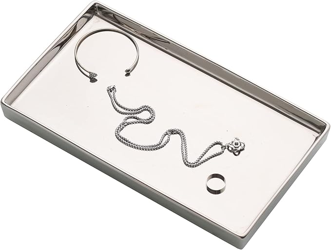 Ceramic Trinket Tray Rectangte Vanity Jewelry Organizer Makeup Mirror Tray Silvery Medium