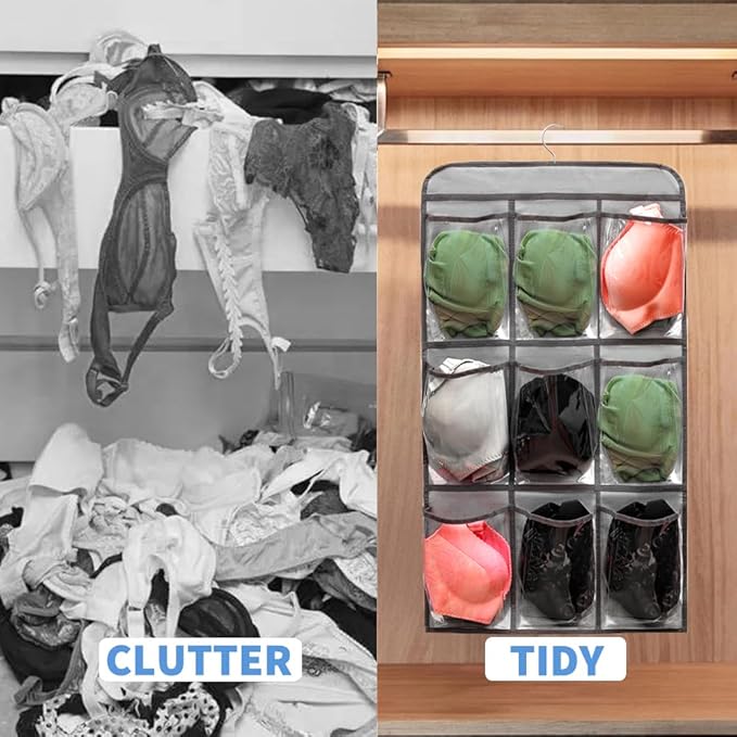 2 Pcs Closet Organizer Dual Sided Hanging Shoe Storage Bag Underwear Socks Holder with 18 Pockets (CLEAR POCKETS)