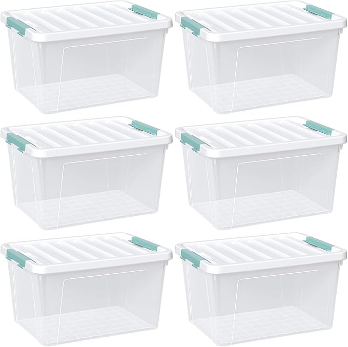 6 Packs 35 L Clear Plastic Latching Bins with Lids, Large Storage Tote Boxes