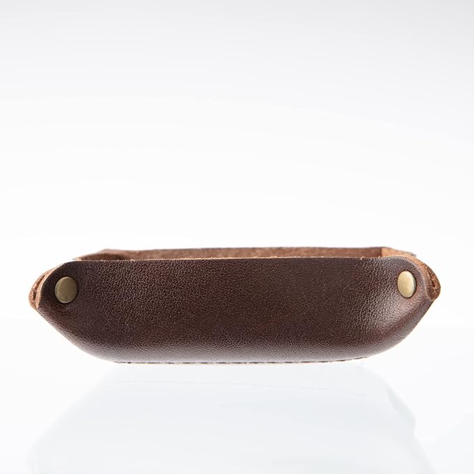 USA Handmade Premium Leather Valet Tray, Jewelry Organizer With Brass Rivets (Dark Walnut Brown, Mini)