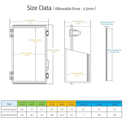 LeMotech Electrical Box, IP67 Waterproof Hinged Cover Stainless Steel Latch Junction Box, ABS Plastic Electrical Enclosure with Mounting Plate,Wall Brackets, Cable Glands,8.7"x6.7"x4.3",Grey