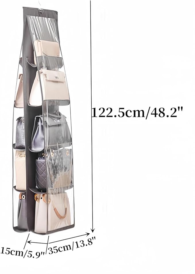 HAN SHENG 10 Pockets Clear Handbag & Purse Organizer Hanging Bag Storage - Space Saving Hanging Shelf for Closet, Wardrobe, Over Door (2 Pack, Grey)