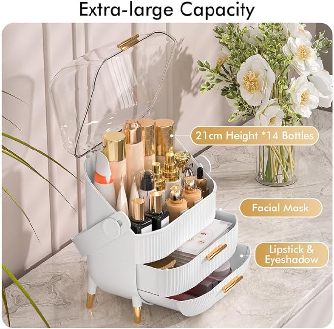 Makeup Organizer Skincare Organizers - Cosmetic Display Cases with Transparent Cover, SkinCare Organizers for Bathroom Countertop, Bedroom Vanity Desk, Lipstick Organizer, White Upgarde