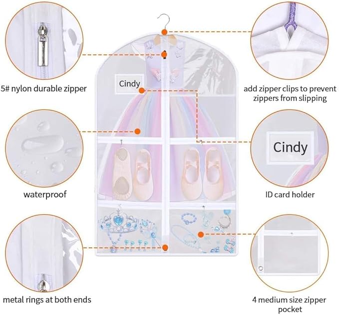 Clear PVC Dance Costume Bags(3 Pack),Garment Bag 40 Inch for Dance Competitions Cheerleading,Hanging Clothes Travel Dance Bags with 4 Pockets.Dance Essentials Cheer Bag for Girls Kids Recitals Dresses
