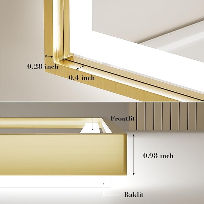 LED Bathroom Mirror, 20x28 Inch Frontlit & Backlit Gold Framed Lighted Mirror,Wall Mouted Vanity with Lights,Double Lights Strips,Anti Fog Stepless Dimmable White/Warm/Natural