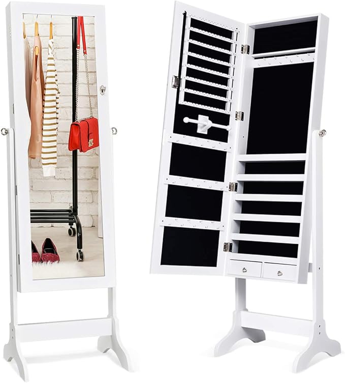 Giantex Lockable Standing Jewelry Armoire with Full Length Mirror, Large Storage Capacity Jewelry Cabinet Organizer with 2 Drawers, 4 Angle Adjustable, Extra Wide Mirror for Women Girls (White)