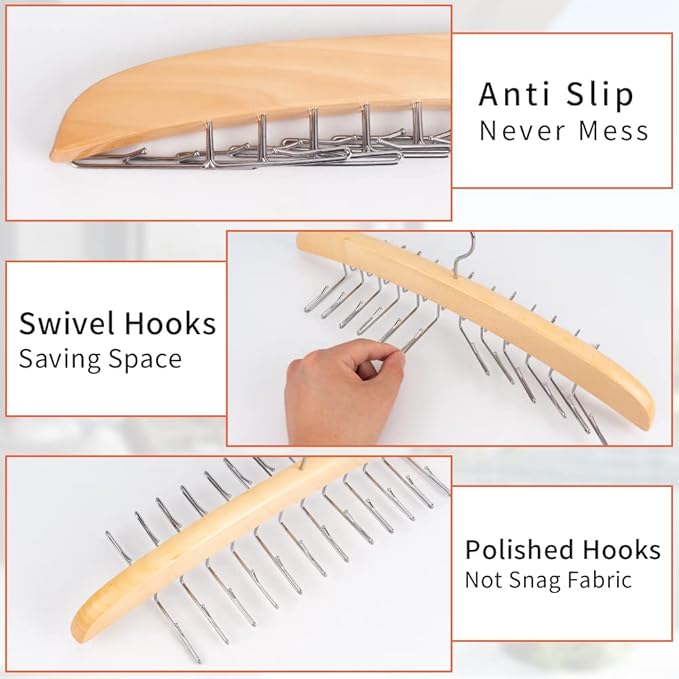 3 Pack Tank Top & Bra Hanger, Tie & Belt Hanger with Natural Wood, 24 Space Saving, 360 Rotating, Foldable Metal Hooks, Closet Organizer and Storage Rack for Tank Tops/Bras/Ties/Belts