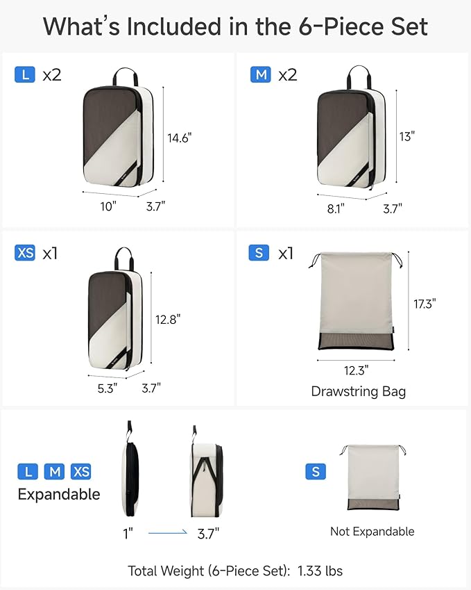 LUGGEX 6 Set Compression Packing Cubes for Travel, POX01 Luggage Organizers Bags, Suitcase Organizer with Shoe Bag Travel Accessories Essentials for Carry on & Checked (POX-Core, Beige)