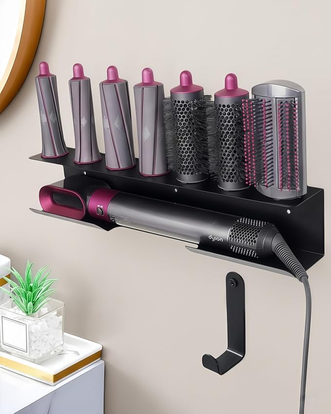 Hair Dryer Holder for Airwrap, Aluminum Hair Tool Holder Wall Mount Black with 7 Custom Slots & Cable Hook, Hair Tool Organizer Wall Mounted for Bathroom