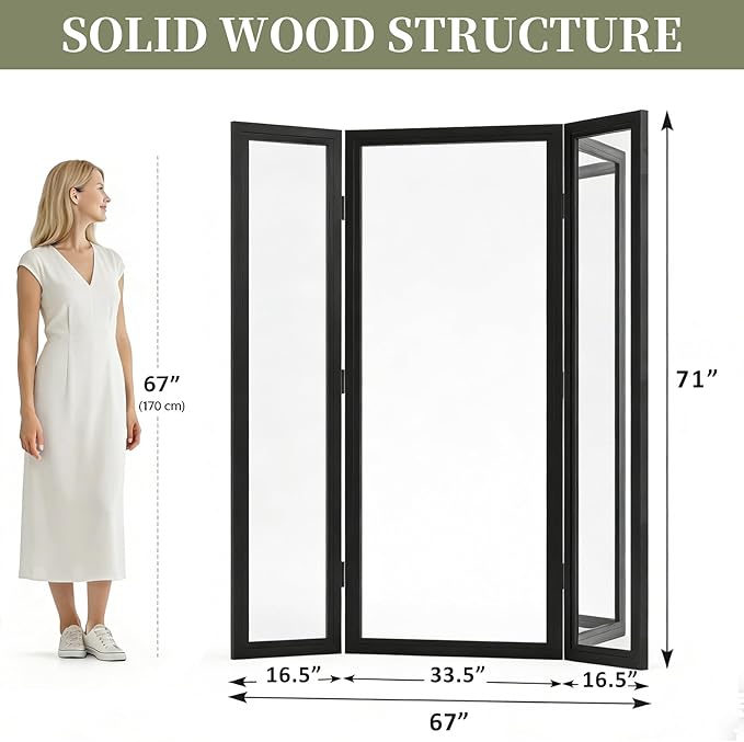3 Way Mirror Full Length with Tempered Glass, 71"x67" Oversized Bridal Triple-Fold Floor Mirror with Wood Frame, Decorative Trifold Mirror for Home,Wedding Dress/Clothing Shop/Bedroom/Closet (Black)