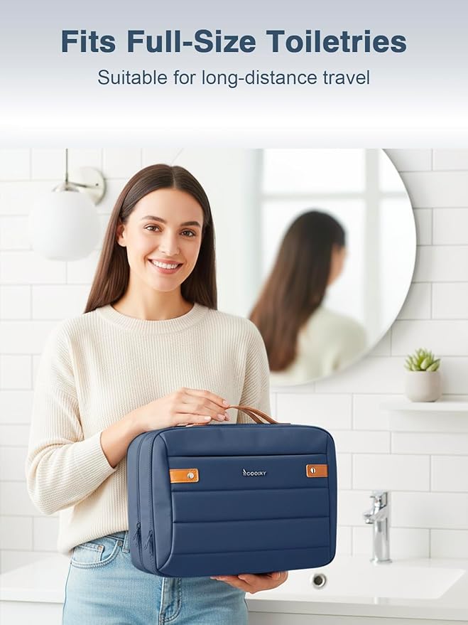 Women's Hanging Toiletry Bag, Waterproof Travel Cosmetic Organizer with Jewelry Storage, Large Capacity Makeup Case for Full-Size Skincare & Bathroom Essentials, Portable Cosmetic kit, Navy