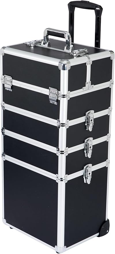 Makeup Rolling Train Case - Professional Cosmetics Organizer with Aluminum Frame, Folding Trays & Wheels, Portable for Travel & Studio (Black)