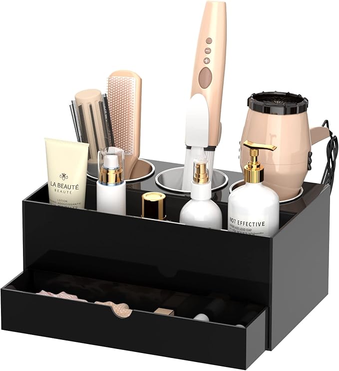 NIUBEE Hair Tool Organizer, Black Acrylic Hair Dryer and Styling Organizer with Drawer, Bathroom Countertop Blow Dryer Holder, Vanity Caddy Storage Stand for Accessories, Makeup, Toiletries
