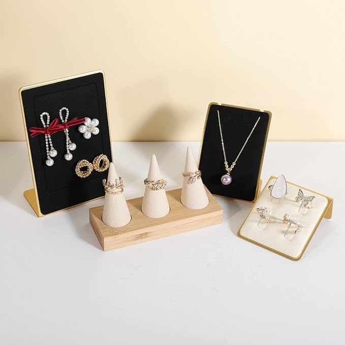 GemeShou Beige wood ring storage organizer, Velvet Jewelry ring display holder, Cute ring display stand for selling, wedding ring holder at nightstand【Beige with three cone】