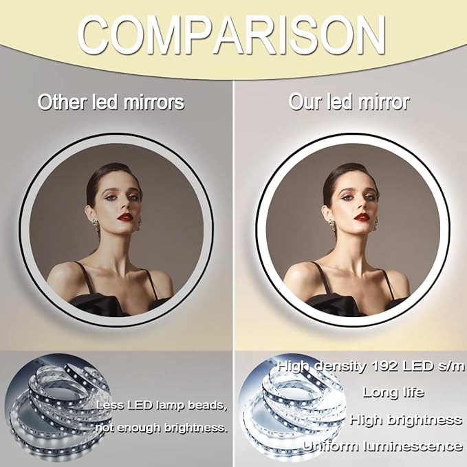 30 Inch Black Round Vanity Mirror with Lights - Black Frame LED Round Mirror for Bathroom - Anti Fog with 3 Color Changing Lights