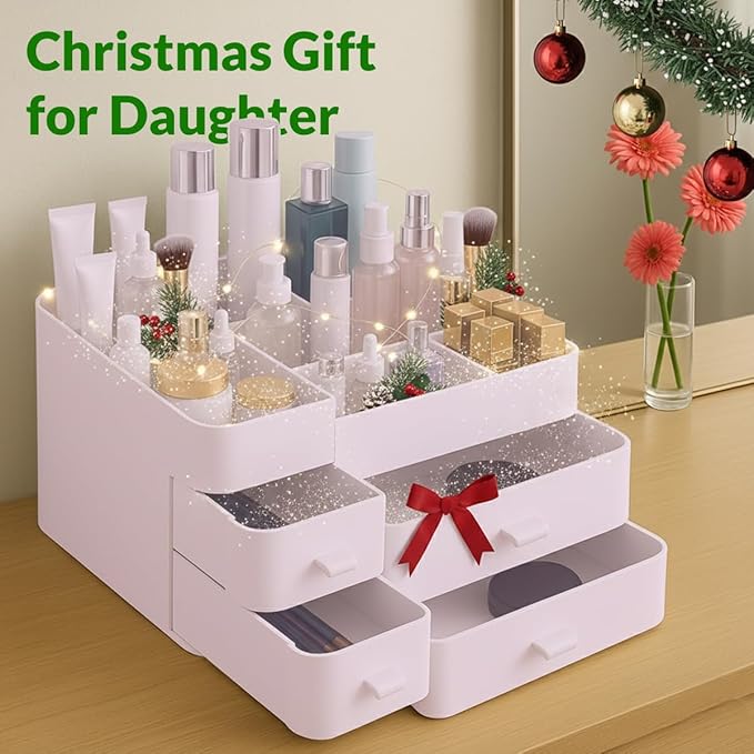 Makeup Organizer for Vanity – Large Cosmetic Storage Box with Drawers & Compartments for Brushes, Lipsticks, and Skincare – Bathroom Countertop Organizer for Women & Girls – Elegant White Design