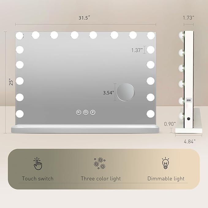 YOURLITE Vanity Mirror with Lights, 32"X25" Large Hollywood Mirror with Lights with 18 Bulbs, 3 Colors Modes & Adjustable Brightness,Vanity Mirror 10x Spot Mirror, USB Charging Port