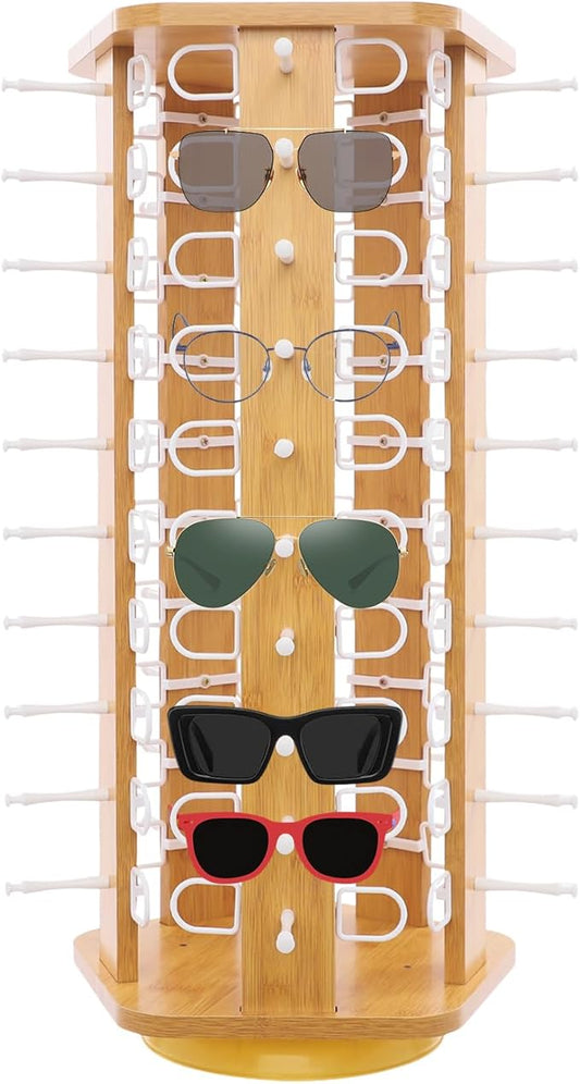 50 Pairs Glasses Rack, 360° Rotating Sunglasses Display Rack, 5-Sided Eyeglasses Storage Organizer, Eyewear Holder, Commercial Sunglasses Display Stand, Log Color