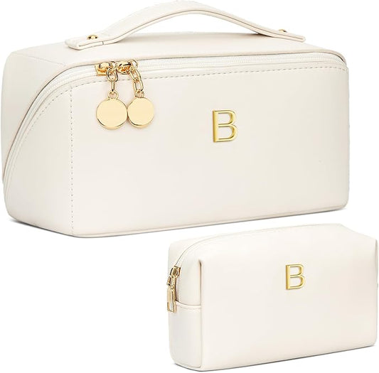 Valentine's Day Gifts for Women Teen Girl, Personalized Initial Makeup Organizer Bag Set, Open Flat Travel Cosmetic Bag With Clear Divider and Handle(Beige,B)