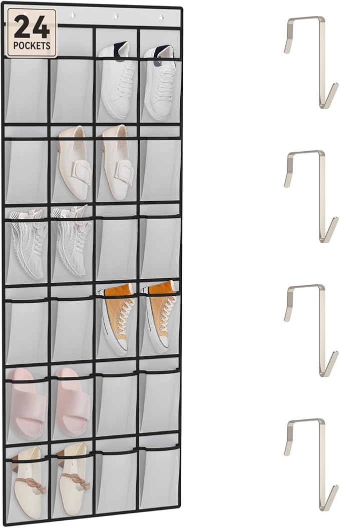 dodowin Over the Door Shoe Organizer Rack, 24 Large Breathable Mesh Pockets, Foldable Hanging Storage Holder for Closet Door, Space Saving Shoe & Accessory Organizer with 4 Metal Hooks, Gray