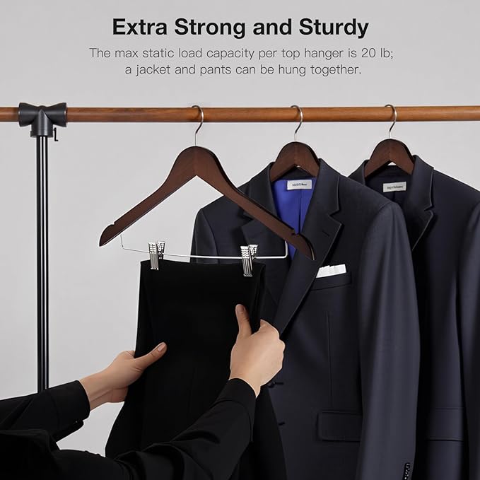 Wooden Hangers with Clips 24 PCS Pant Hangers with Clips,Smooth Solid Wooden Pants Hangers,360 Swivel Hooks & Adjustable Clips,for Jeans,Skirt,Suit,Shorts,Scarf.（Walnut）