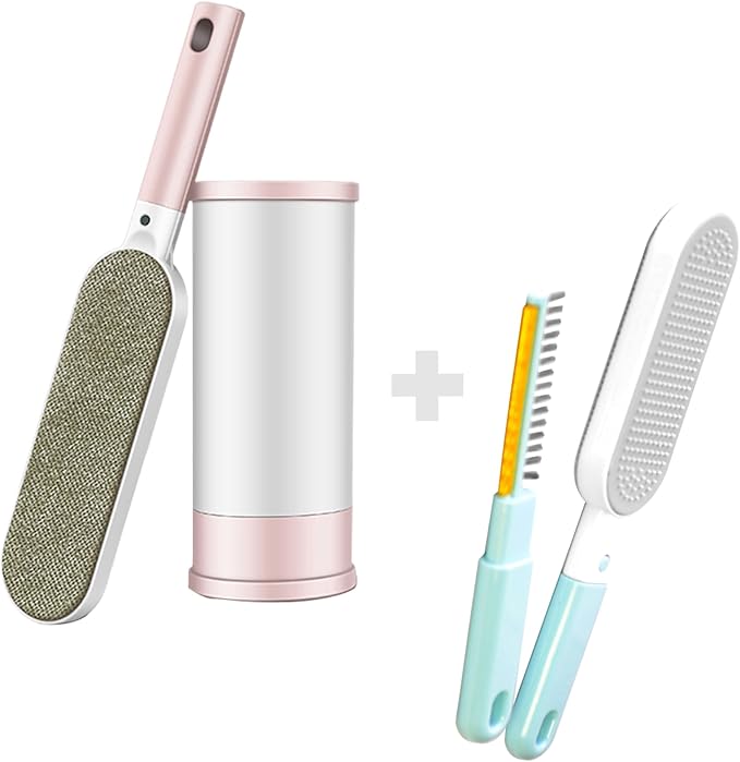 2PCS Lint Brushes for Clothes, Cat Dog Hair Remover for Lundary, Self-Cleaning Lint Remover for Bed Sofa Coat, Best Hair Cleaning Brushes Better Than Lint Roller (Large Pink and Mini Blue)