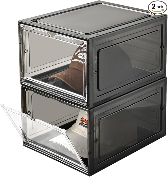 Hat Organizer Box,Stackable Clear Baseball Caps Holder Box Containers with Magnetic Door for Hats Snapback Cap Storage,Clear Hat Storage with Magnetic Door, Holds 20 Hats (black clear, 2 pack)