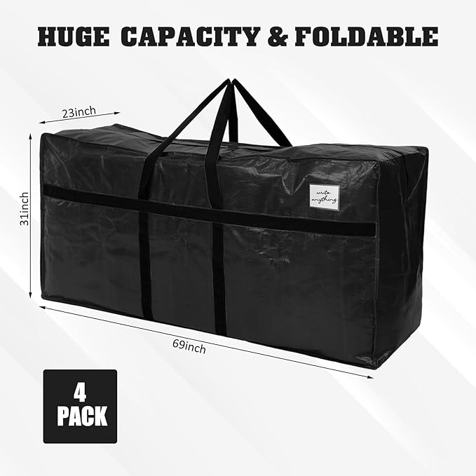 Windyun 4 Pack 195 Gallon Extra Large Moving Bags XXL Heavy Duty Storage Bag with Strong Zipper Handle Jumbo Big Tote Box Foldable for College Dorm Travel Clothes Duffle Blanket Pillow(Black)