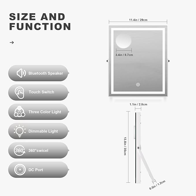 Hasipu Vanity Mirror with Lights and Bluetooth Speaker, 11.4" x 13.8" LED Makeup Mirror with 10X Magnification, Smart Touch 3 Colors Dimmable, Brightness Adjustment, 360° Rotation, White