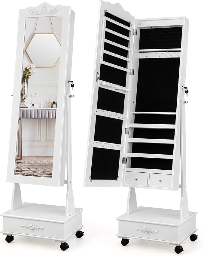 CHARMAID Rolling Jewelry Armoire with Full Length Mirror, Lockable Stand up Jewelry Cabinet with Lights and Wheels, Standing Jewelry Organizer with Drawers, Mirror with Jewelry Storage (White)