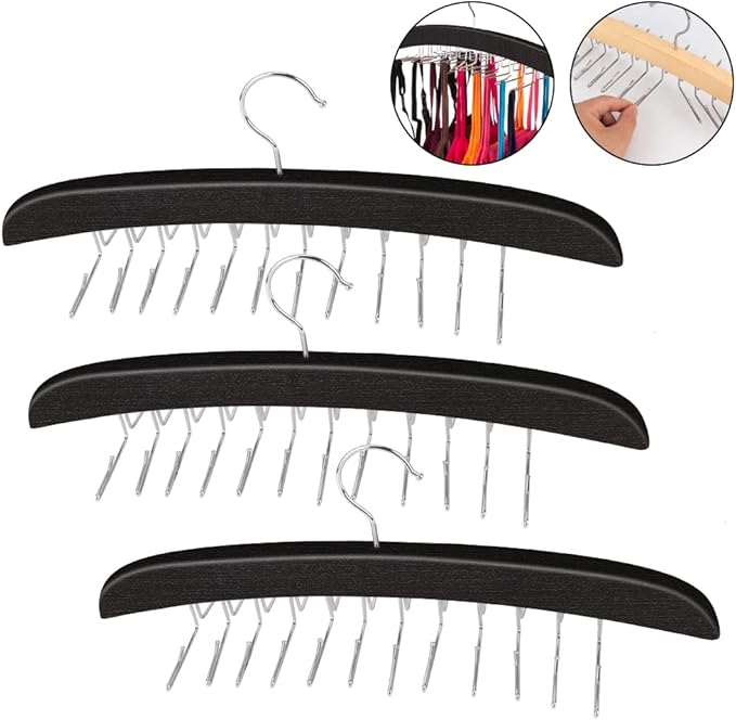 3 Pack Tank Top & Bra Hanger, Tie & Belt Hanger with Natural Wood, 24 Space Saving, 360 Rotating, Foldable Metal Hooks, Closet Organizer and Storage Rack for Tank Tops/Bras/Ties/Belt (Black)