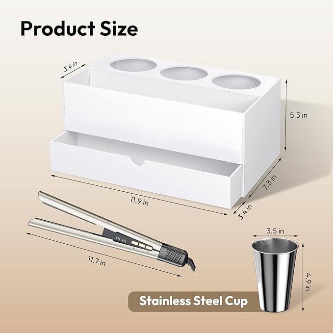 NIUBEE Hair Tool Organizer, White Acrylic Hair Dryer and Styling Organizer with Drawer, Bathroom Countertop Blow Dryer Holder, Vanity Caddy Storage Stand for Accessories, Makeup, Toiletries