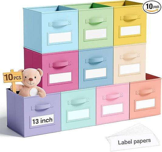 10 Pcs Fabric Storage Cubes with Labels 13 Inch Collapsible Cube Organizer Baskets with Window Cards for Shelf Nursery Clothes Book Toys Storage Bin(Macaroon)