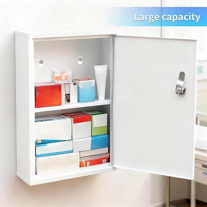 Wall Mount Locking Medicine Cabinet Organizer, Medicine Lock Box with Key, First Aid Box Empty Wall Cabinet, Secure Steel Medication Box