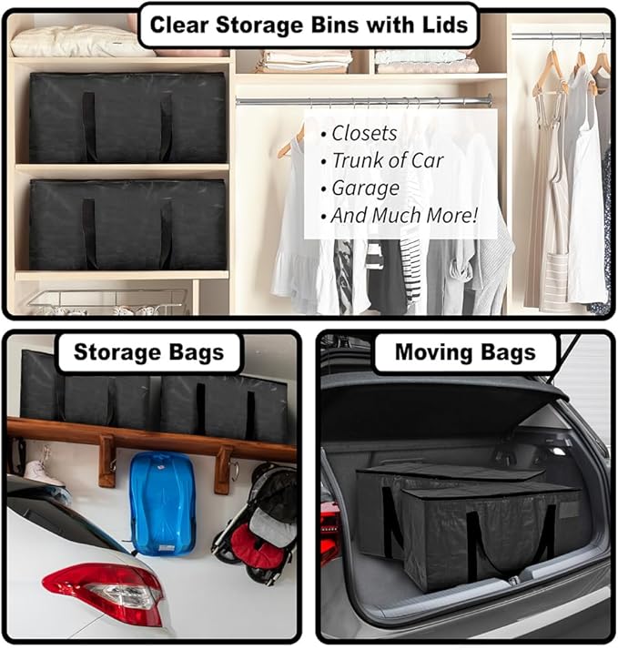 ClearSpace Heavy Duty Moving Bags or Storage Bags – Black Storage Bins with Lids, Large Moving Boxes with Backpack Straps & Zippers,– Packing Box & Moving Supplies for College Dorm, 6 Pack