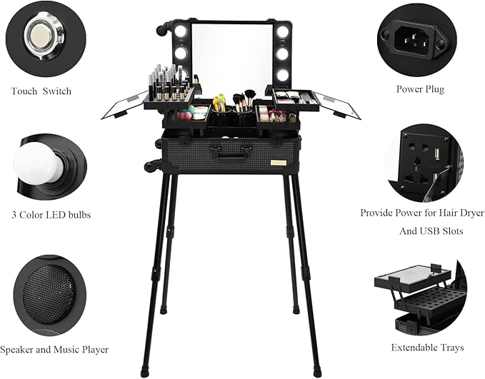 Aluminum Trolley Makeup Train Case with LED Lights Professional Cosmetic Organizer Studio with Speaker, Wheels and Stands Rolling Lighted Makeup Vanity Station for Travel (Black)